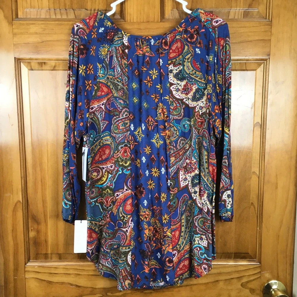 Figueroa & Flower Blue‎ Paisley Patchwork Peasant Blouse Lg Indie Hippie
